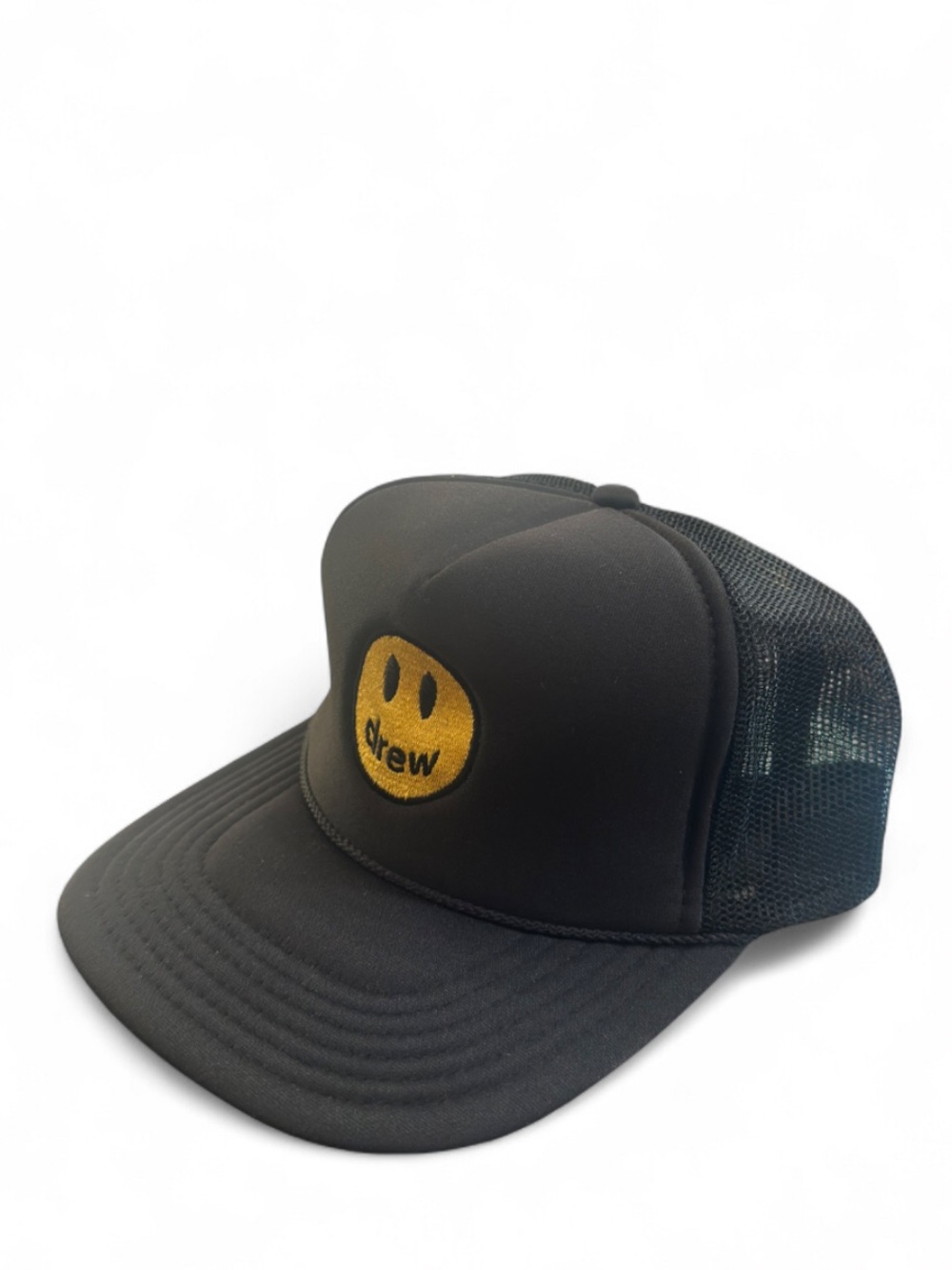 drew house Black Trucker Cap with Yellow Smiley Patch (NWT)